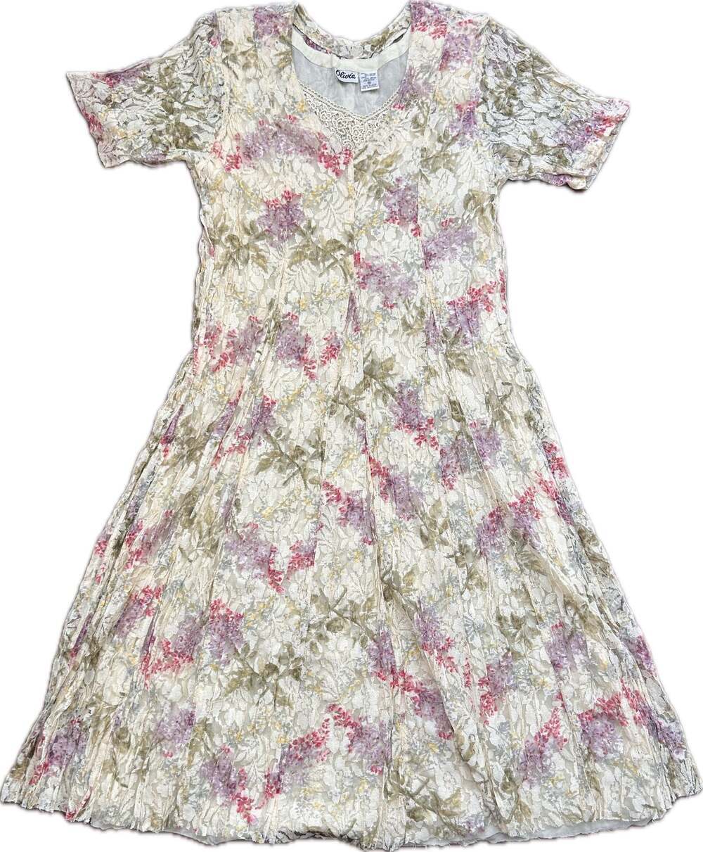 Vintage Olivia Floral Lace Midi Dress with V-Neck Cottagecore Grunge Romantic M
